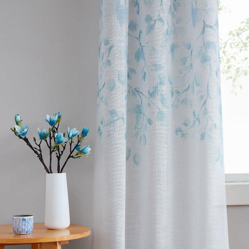 Central Park Leaf Floral Print Metallic Sheer Window Curtain Panel for Rustic Living Room/Bedroom Sparkling Decorative 6 Grommets Top Drape Panels Farmhouse Curtains, Teal Blue,40" x 95"x2, 2 PK - Image 2